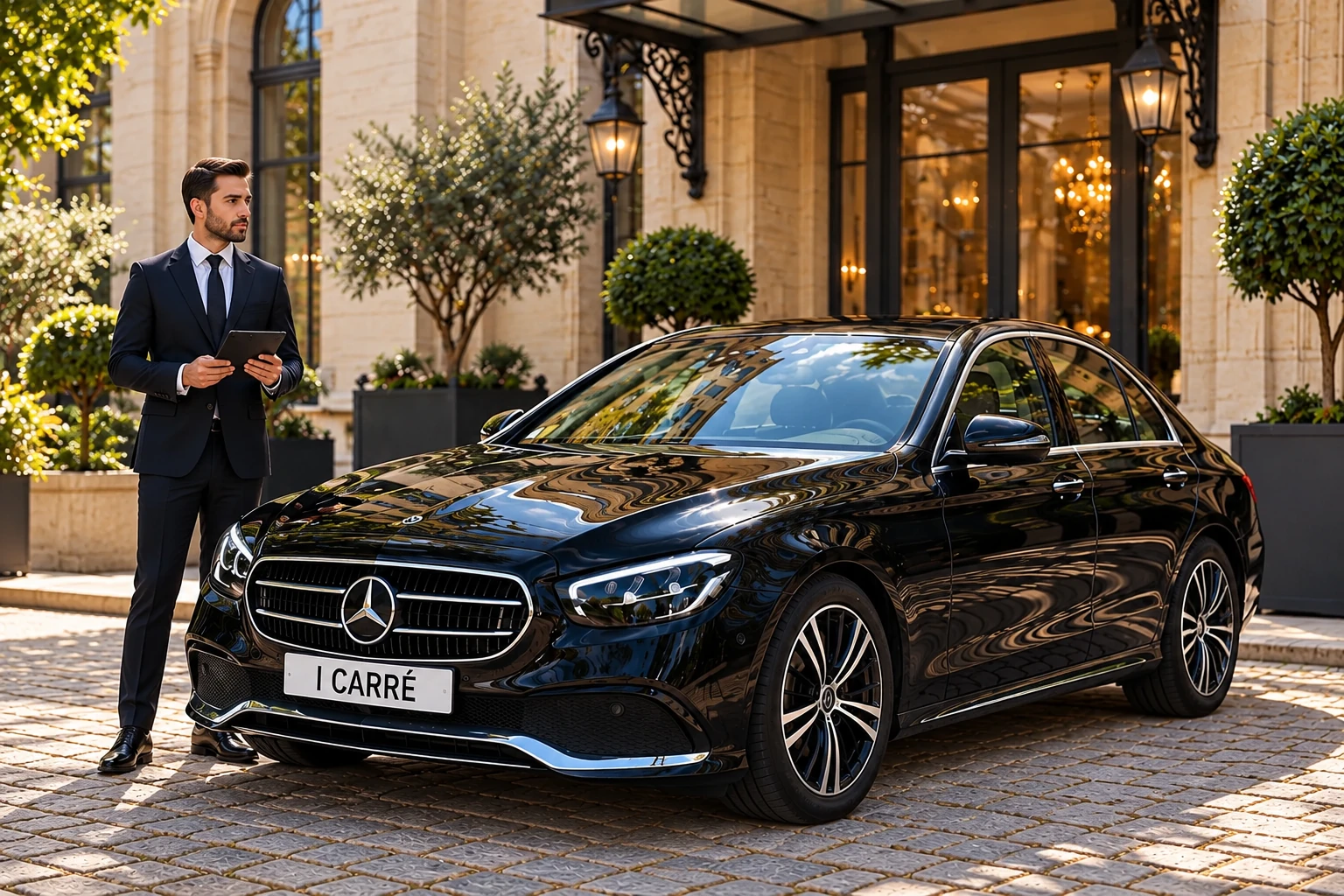 Chauffeur in a suit, tablet in hand, in front of a black sedan
