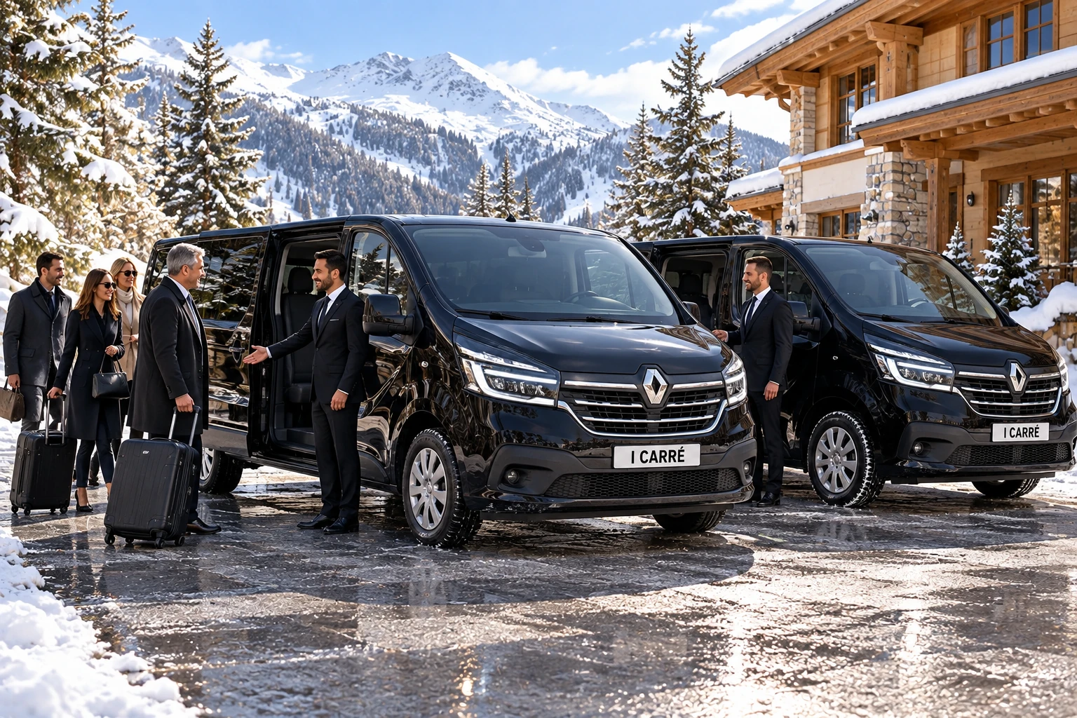 Two VTC chauffeurs welcoming clients in front of two black vans